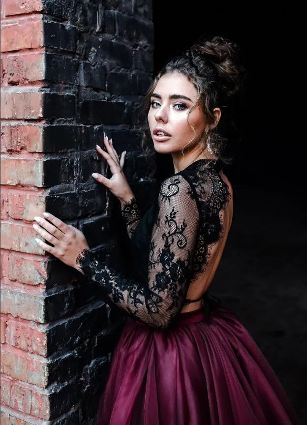 Two Pieces Black Lace Top And Tulle Burgundy Bottom Long Sleeves Open Back Prom Dresses,SFPD0191