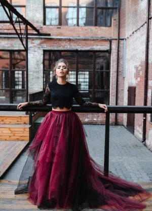 Two Pieces Black Lace Top And Tulle Burgundy Bottom Long Sleeves Open Back Prom Dresses,SFPD0191