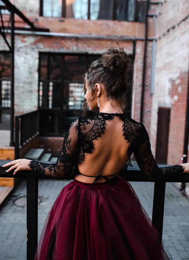 Two Pieces Black Lace Top And Tulle Burgundy Bottom Long Sleeves Open Back Prom Dresses,SFPD0191