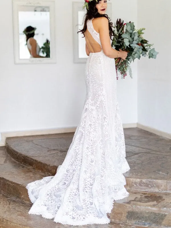 Unique Boho Lace Backless Mermaid Long Wedding Dresses, WD0589