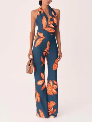 Unique Floral Print Backless Jumpsuit