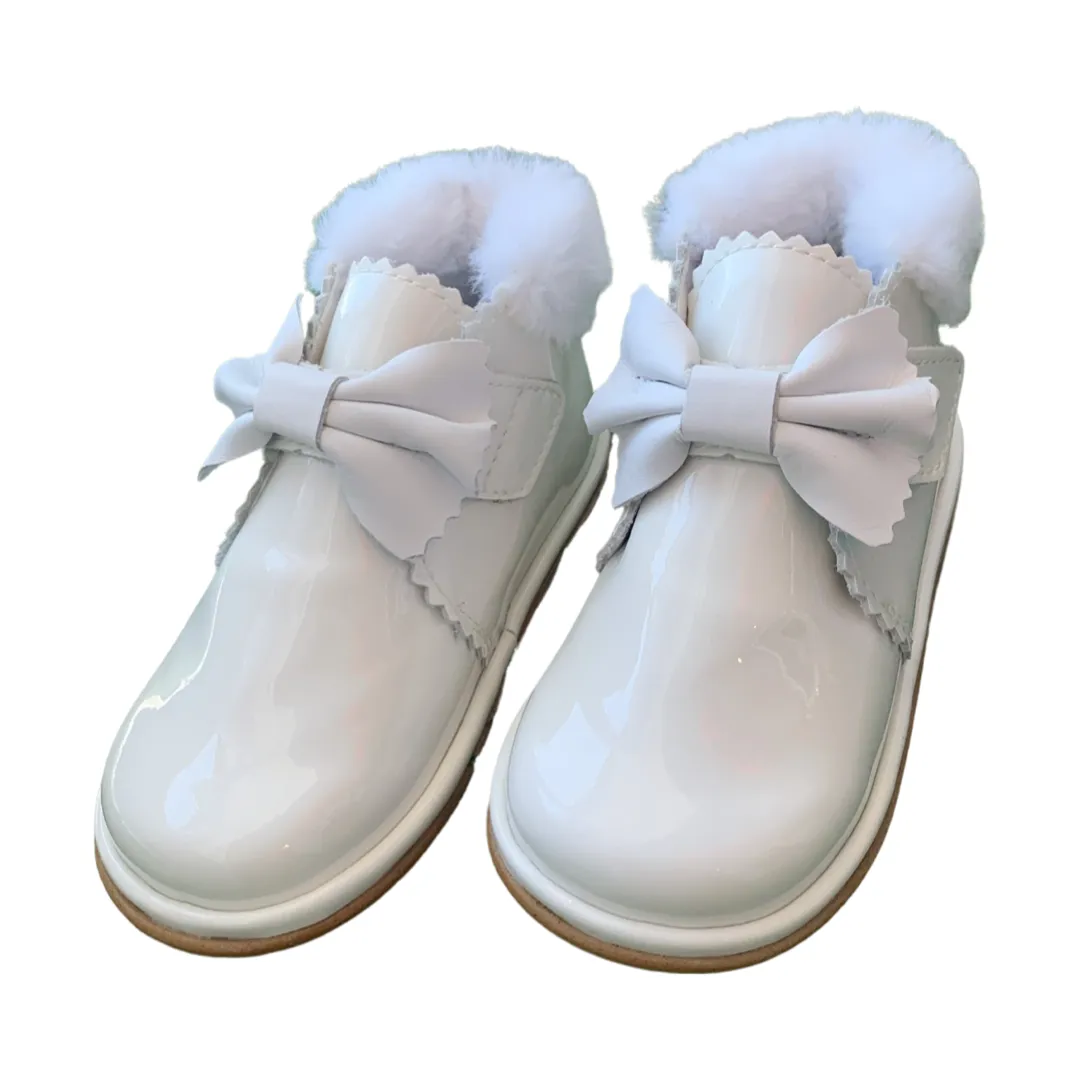 White patent fur trim boots