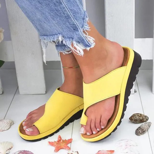 Women PU Leather Shoes Comfy Platform Flat Sole Ladies Casual Soft Big Toe Foot Correction Sandal