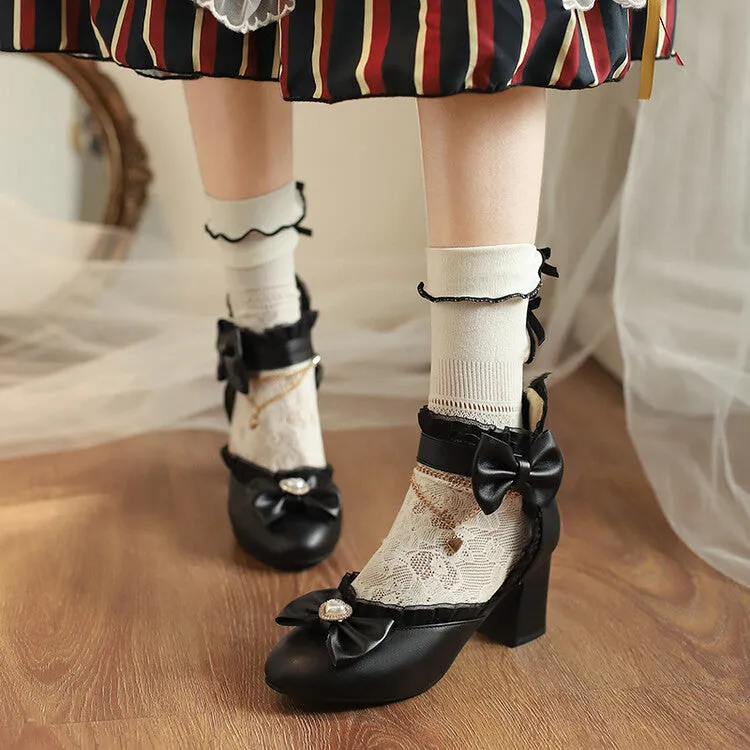 Women's Rhinestone Lace Bow Tie Block Chunky Heel Sandals