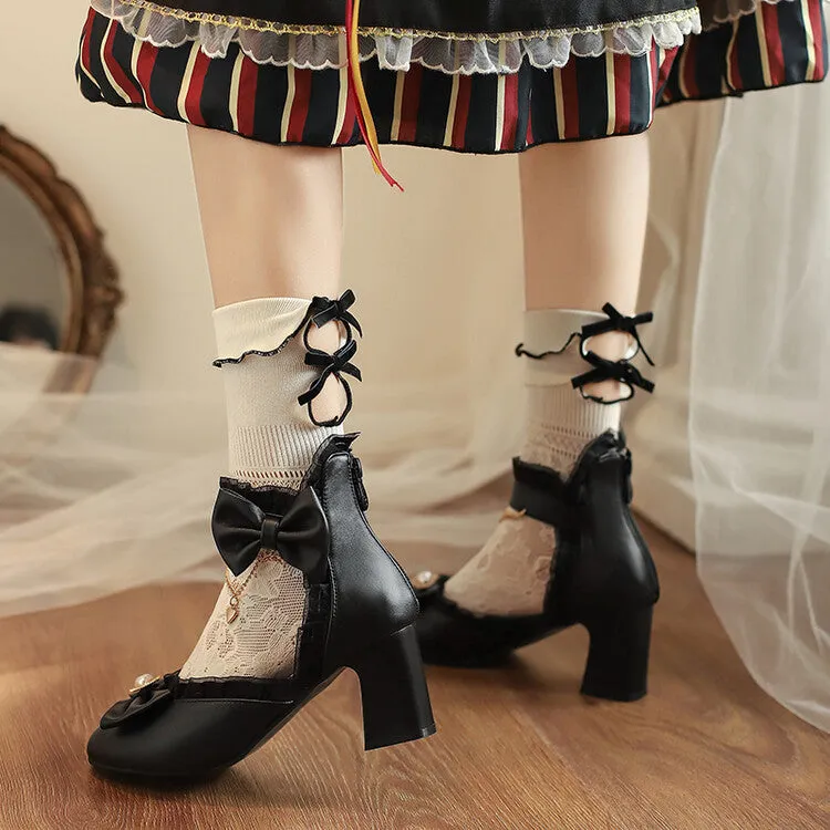 Women's Rhinestone Lace Bow Tie Block Chunky Heel Sandals
