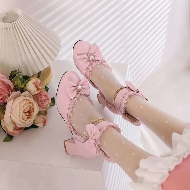 Women's Rhinestone Lace Bow Tie Block Chunky Heel Sandals