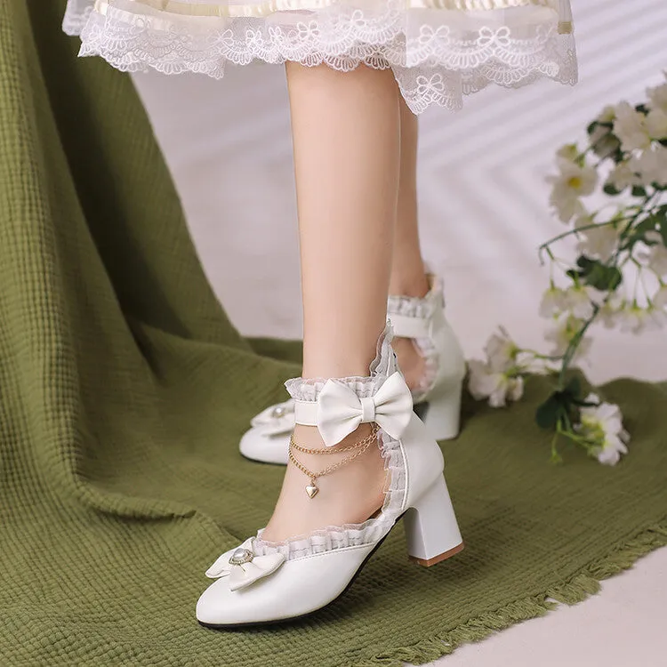 Women's Rhinestone Lace Bow Tie Block Chunky Heel Sandals