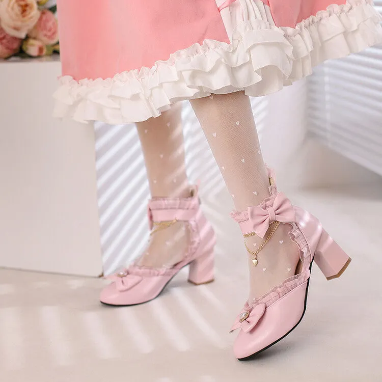 Women's Rhinestone Lace Bow Tie Block Chunky Heel Sandals