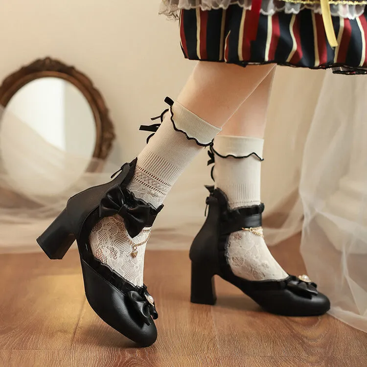 Women's Rhinestone Lace Bow Tie Block Chunky Heel Sandals