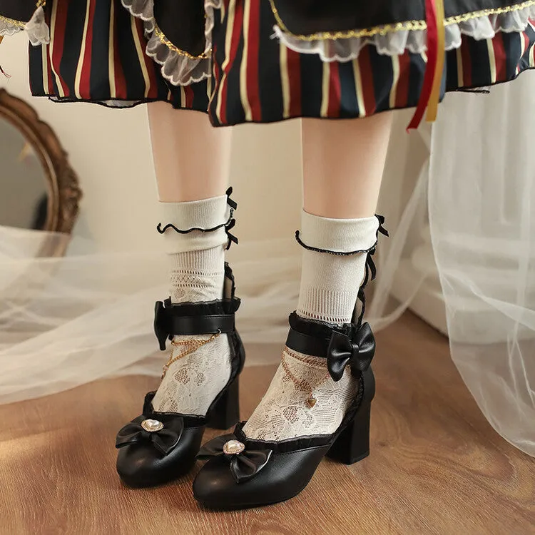 Women's Rhinestone Lace Bow Tie Block Chunky Heel Sandals