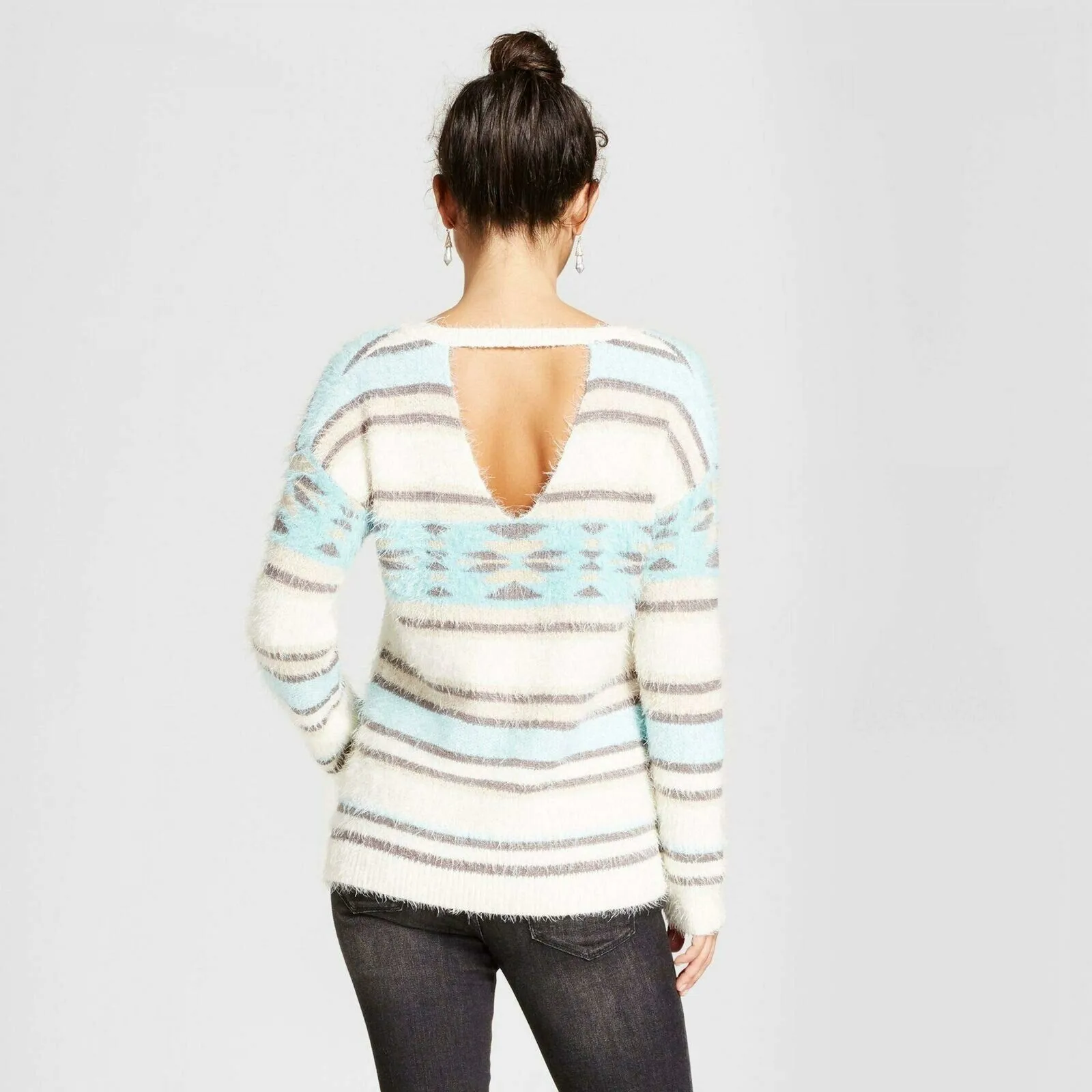 Xhilaration Women's Eyelash Striped Aztec Pullover Sweater